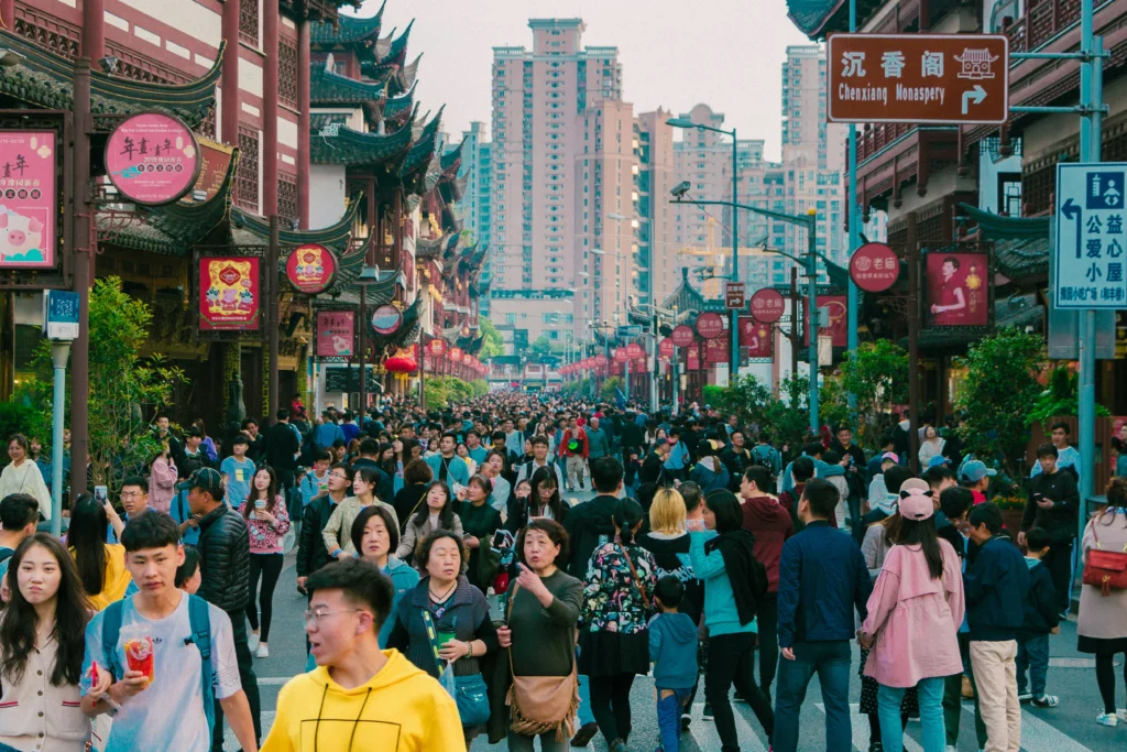 Crowded commercial street in China reflecting scale of urban consumption and millennial foot traffic