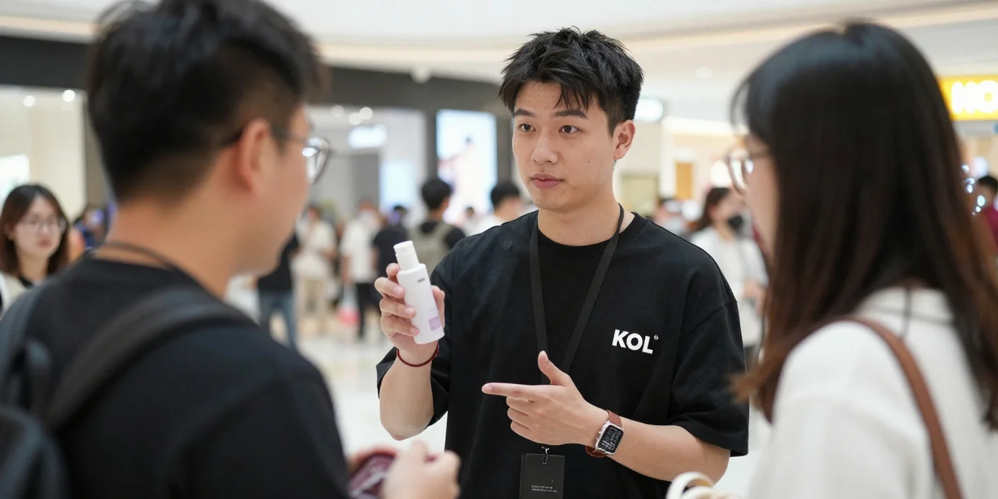 China street-style KOL presenting skincare product to consumers during live promotional demonstration in shopping mall