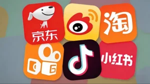 Icons of major Chinese apps including Douyin, Xiaohongshu, JD.com, and Weibo used for social commerce and digital retail