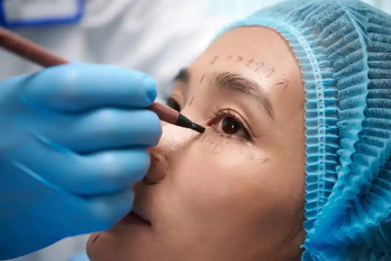 Young woman getting face marked before blepharoplasty