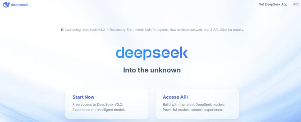 DeepSeek reasoning-first Chinese AI model interface showing access to API and enterprise deployment options