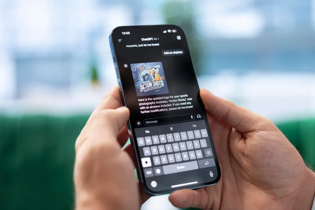 User typing on smartphone using ChatGPT interface for AI generated content