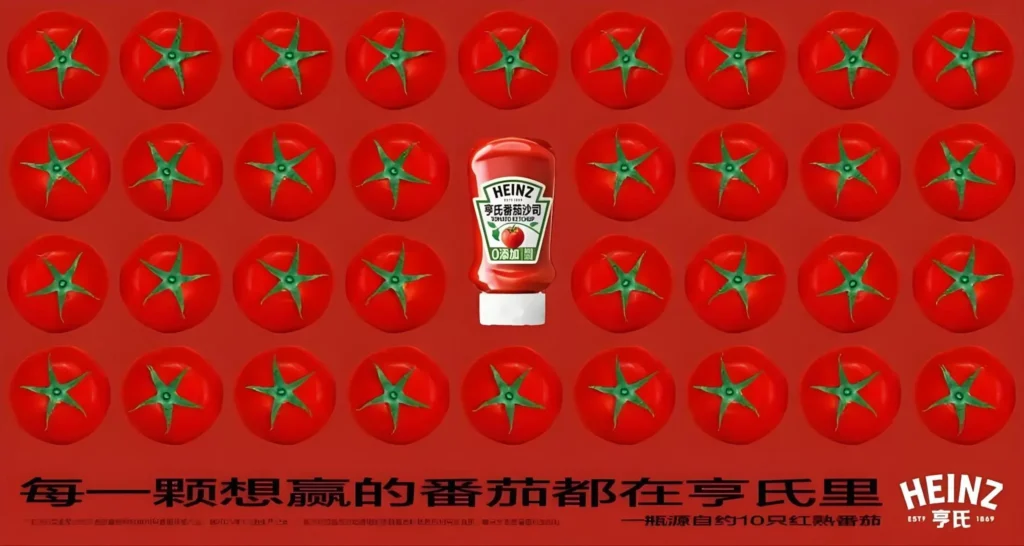Heinz ketchup advertisement featuring tomatoes arranged like athletes, part of the minimalist Chinese marketing campaign during the National Games.