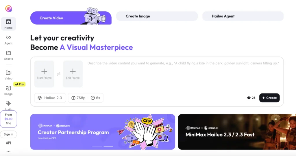 MiniMax AI video generation interface showing Hailuo 2.3 model with prompt input, frame controls, and creative video creation tools