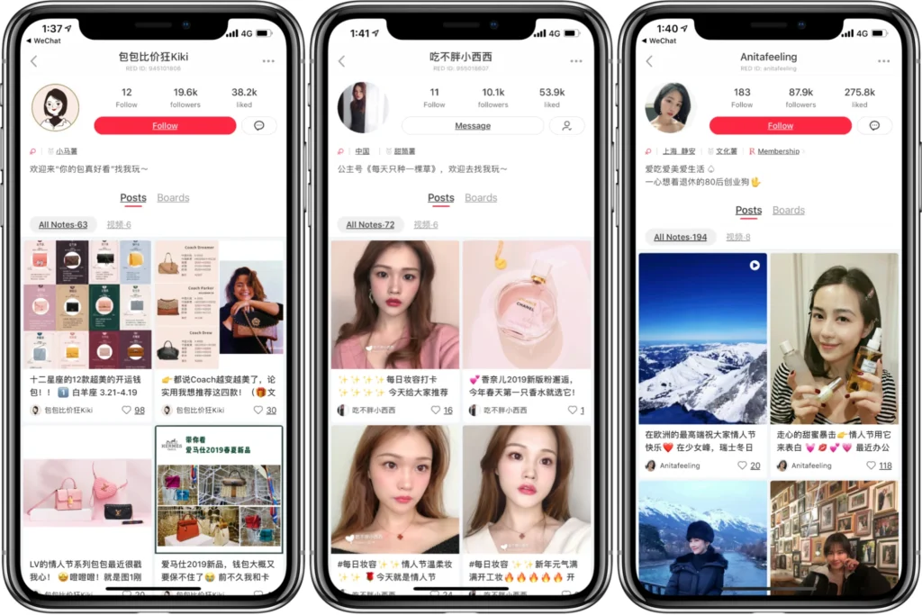 Xiaohongshu user profile pages showing beauty influencers, product posts, and follower engagement on the app interface