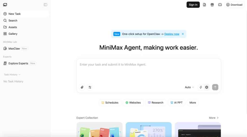 MiniMax AI agent platform interface showing task input, automation tools, and workflow management features