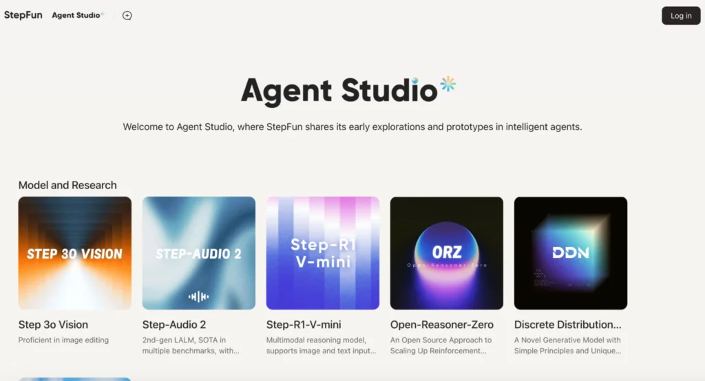 StepFun Agent Studio dashboard displaying multiple AI models including vision, audio, and reasoning tools for building intelligent agents