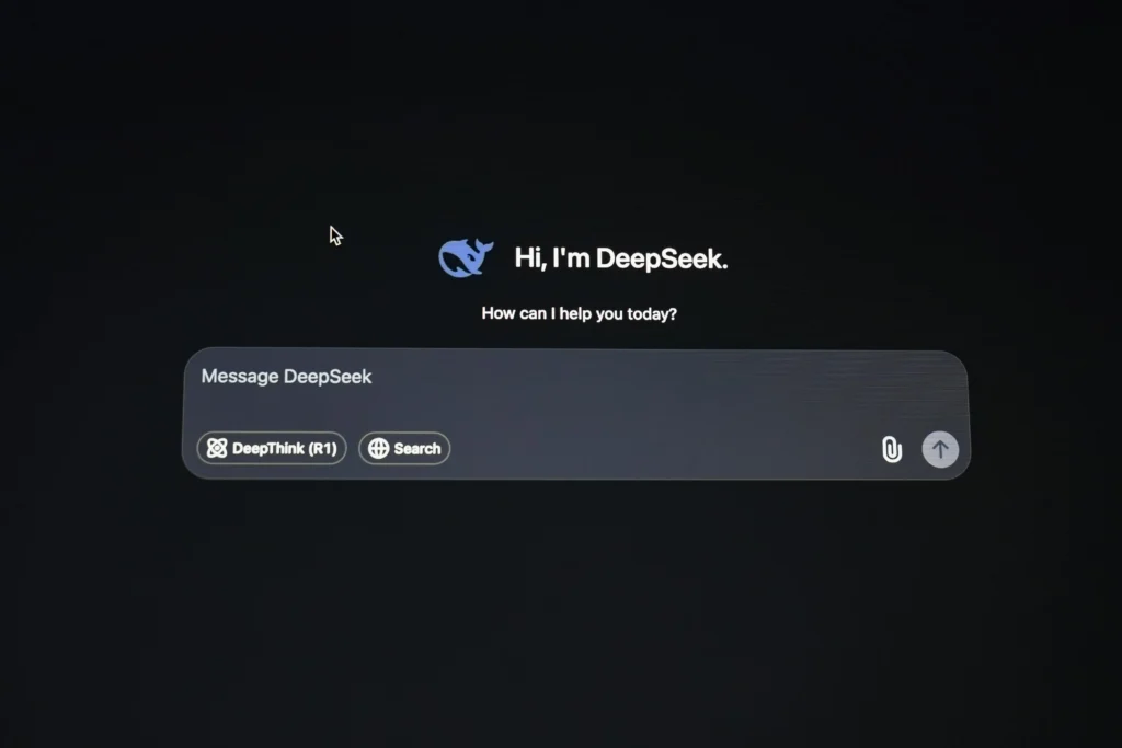 DeepSeek AI interface displaying chat prompt and search options on screen