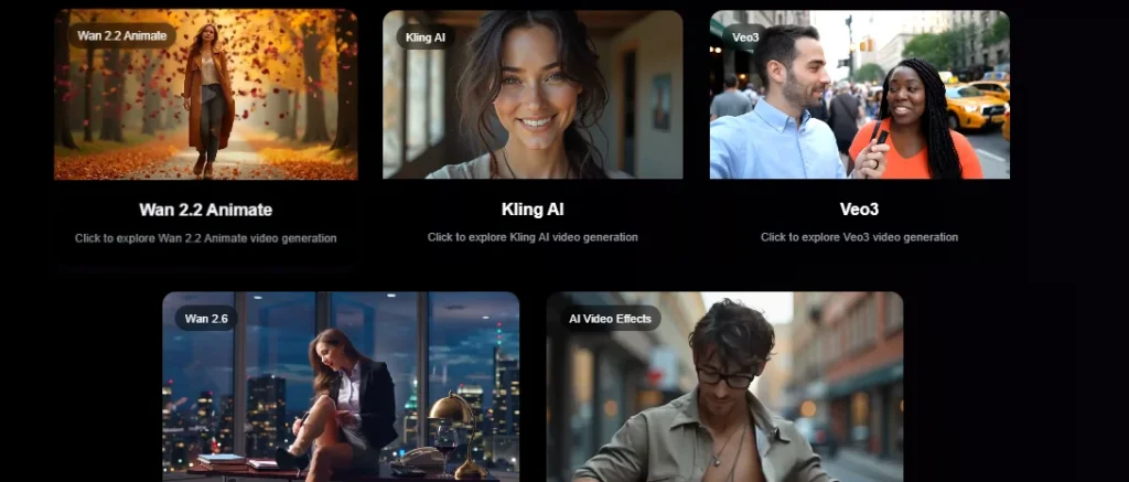 AI video generator interface showing Wan 2.2 Animate, Kling AI, and Veo3 model previews