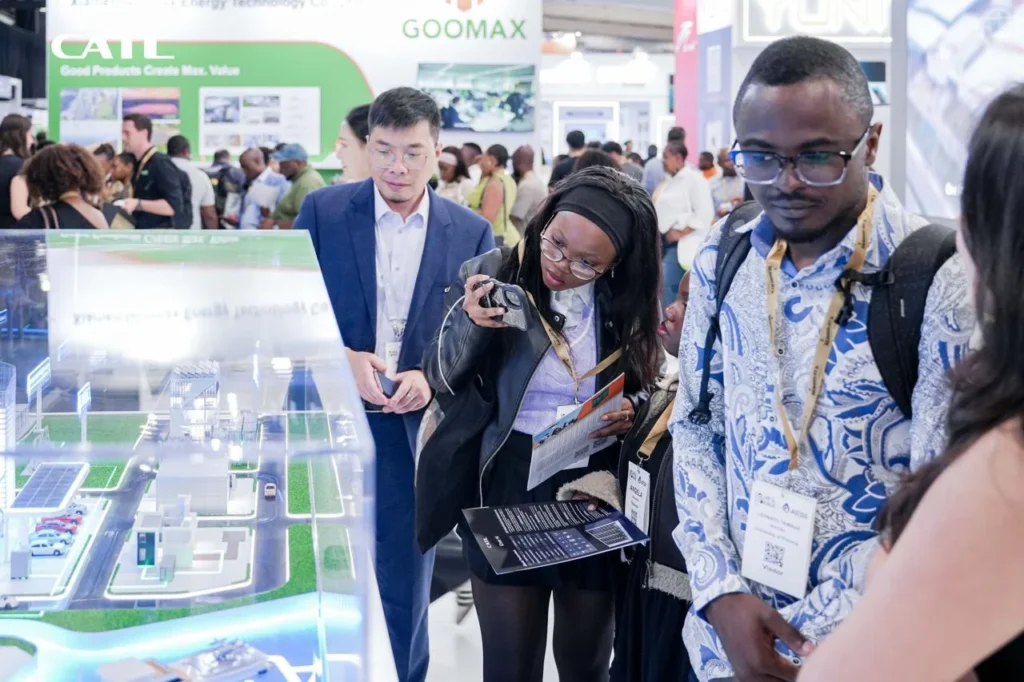 CATL exhibition booth showcasing battery technology and energy solutions at global trade show with large audience