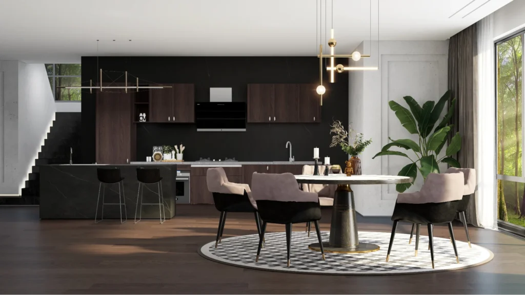 Modern 3D kitchen interior design rendered with realistic lighting and furniture layout using spatial design software