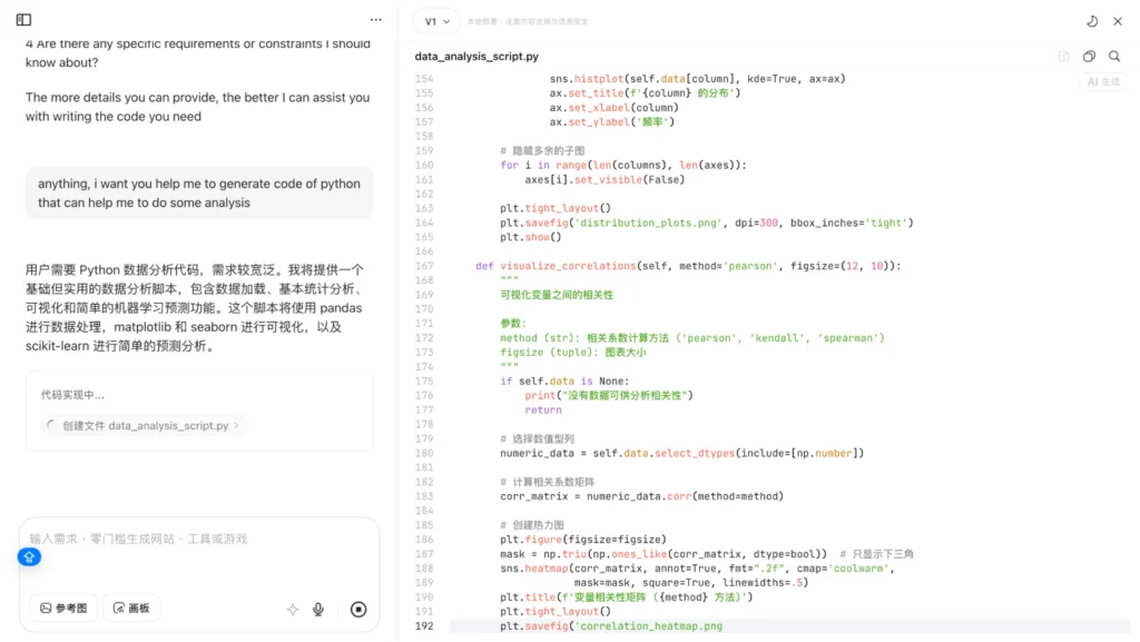Screenshot of a Python data analysis script using pandas, seaborn, and matplotlib to generate distribution plots and correlation heatmaps for dataset insights