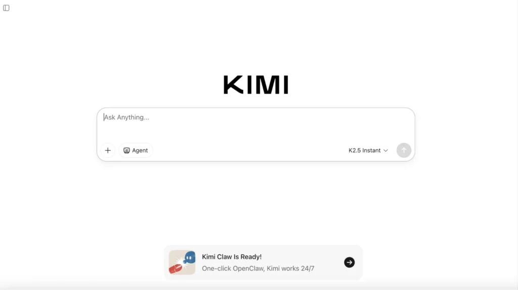 Kimi AI interface showing chat input box with K2.5 Instant model and agent tools for task execution