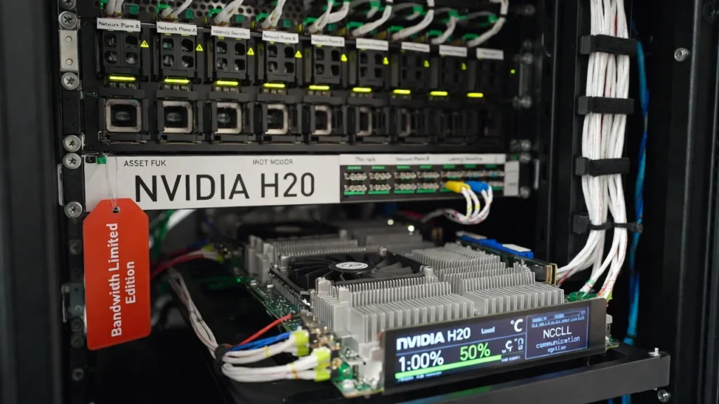 NVIDIA H20 GPU in a data center rack showing AI training hardware, networking cables, and bandwidth-limited configuration for China deployments