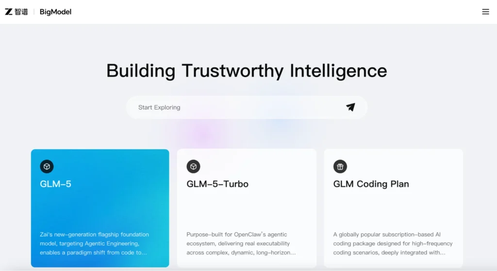 Zhipu AI BigModel dashboard displaying GLM-5, GLM-5 Turbo, and GLM Coding Plan options for enterprise AI deployment and agent workflows