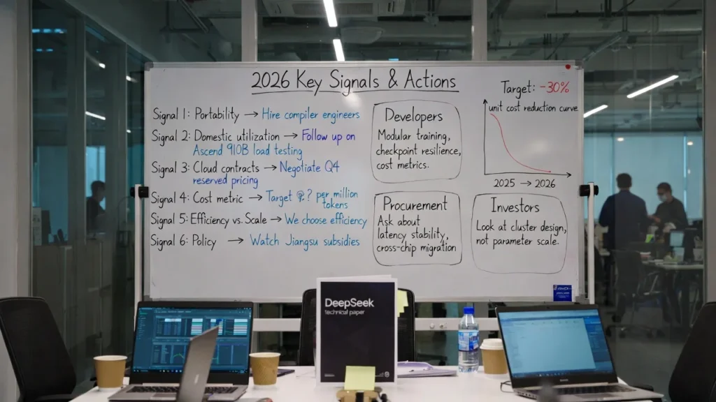 Whiteboard outlining 2026 AI compute strategy with DeepSeek signals including cost reduction, portability, and cluster efficiency planning