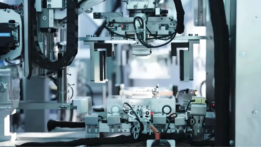 Close-up of CATL battery cell assembly machine showing precision automation in lithium battery production