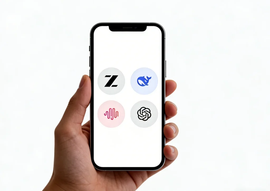 Hand holding smartphone showing icons of Zhipu AI, DeepSeek, ChatGPT, and other AI platforms, representing global AI competition