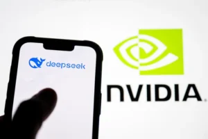 DeepSeek app on smartphone with NVIDIA logo in background representing dependency on Nvidia GPUs and CUDA ecosystem for AI development