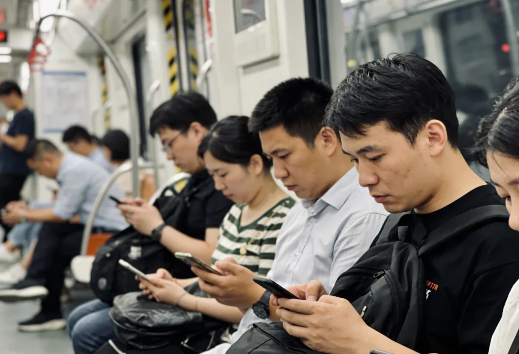 Chinese commuters using smartphones in public transport, reflecting mobile-driven product discovery and social commerce usage