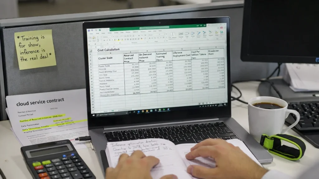 Laptop displaying AI cost calculation spreadsheet with notes on cloud service contracts and inference economics showing cost per token analysis