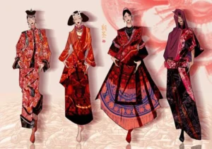 Illustrations of Chinese-inspired fashion designs blending traditional patterns and modern silhouettes representing cultural identity in apparel