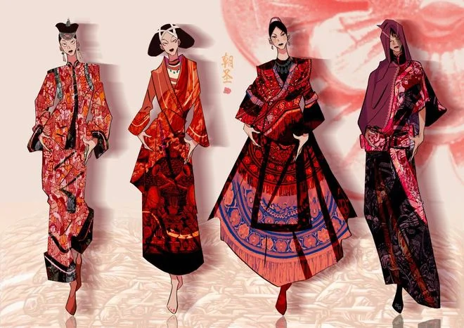 Illustrations of Chinese-inspired fashion designs blending traditional patterns and modern silhouettes representing cultural identity in apparel