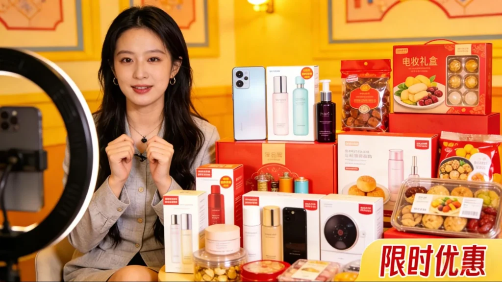 Chinese livestream host presenting beauty, food, and electronics products with promotional offers during a social commerce session