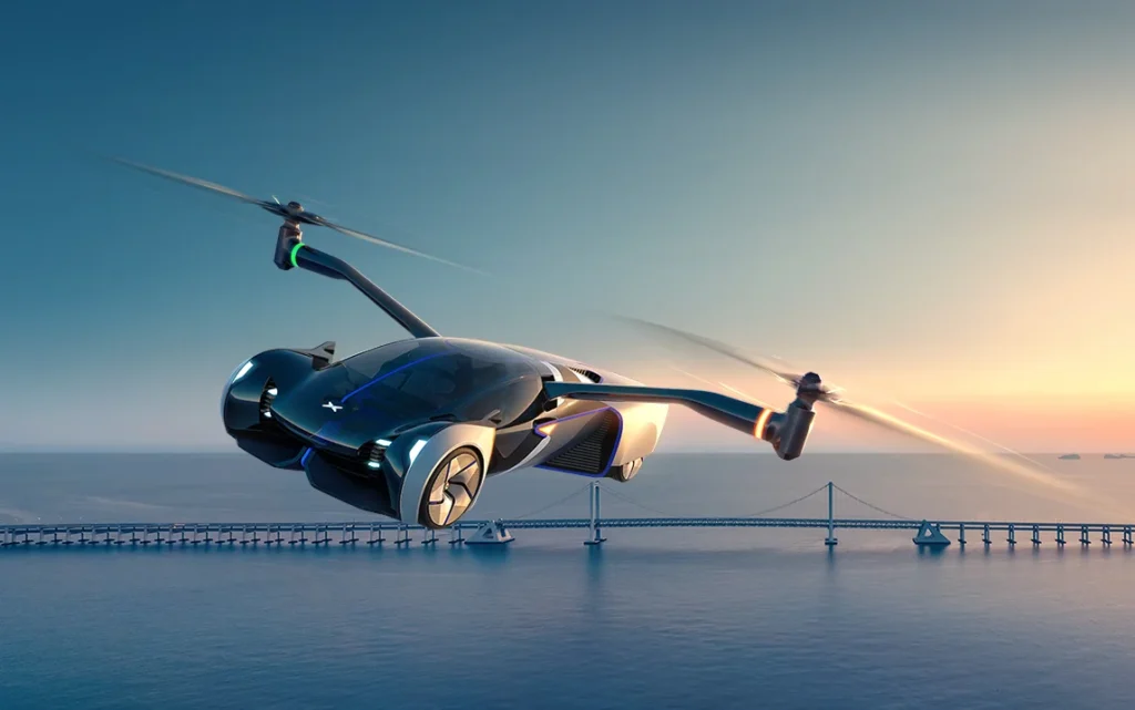 XPeng flying car concept rendering showing futuristic eVTOL vehicle flying above bridge and ocean infrastructure