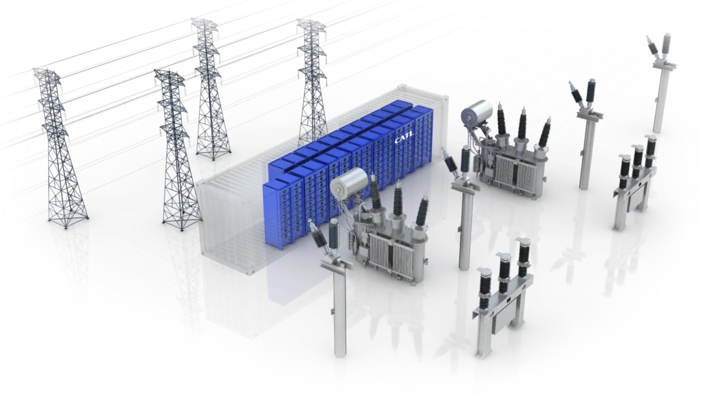 CATL battery energy storage system connected to power grid infrastructure showing transformers and transmission lines