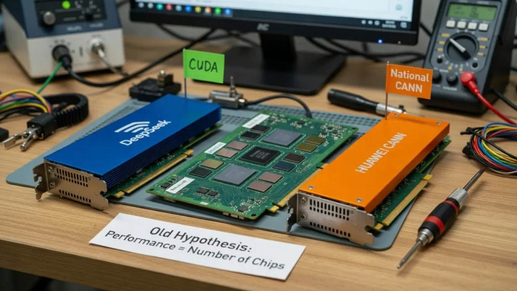 Comparison of AI accelerator hardware showing NVIDIA CUDA and Huawei Ascend CANN platforms illustrating China’s heterogeneous compute ecosystem