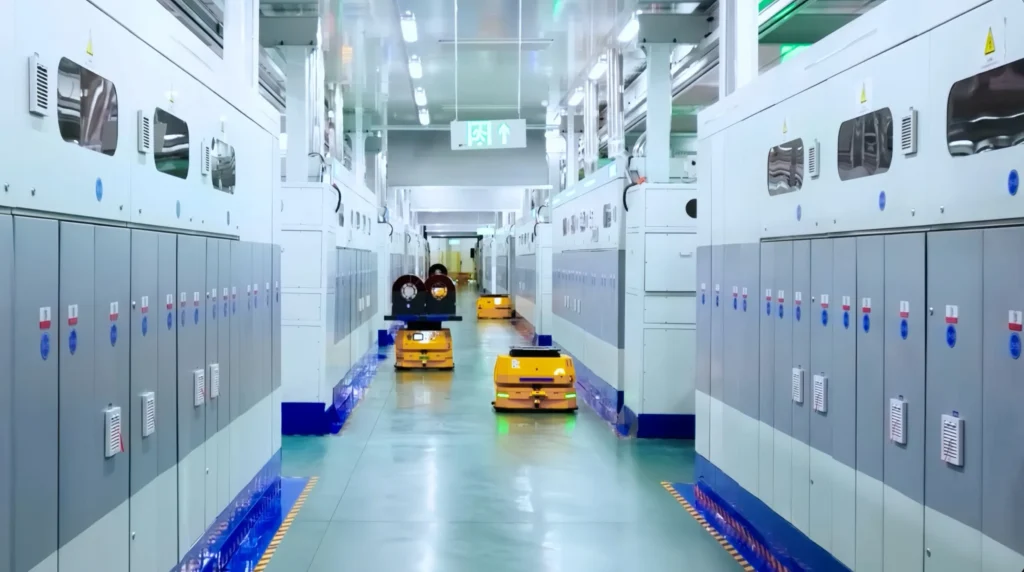 Automated CATL battery storage facility with robotic transport systems managing energy storage infrastructure