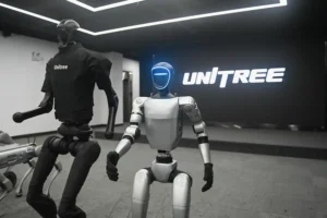 Unitree humanoid robots displayed inside showroom highlighting design and movement