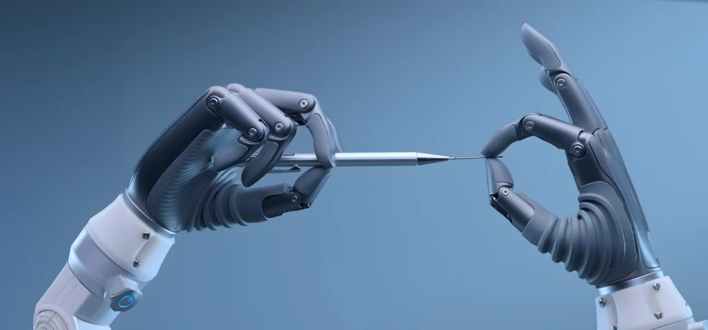 Robotic prosthetic hands demonstrating precision grip by holding a pen