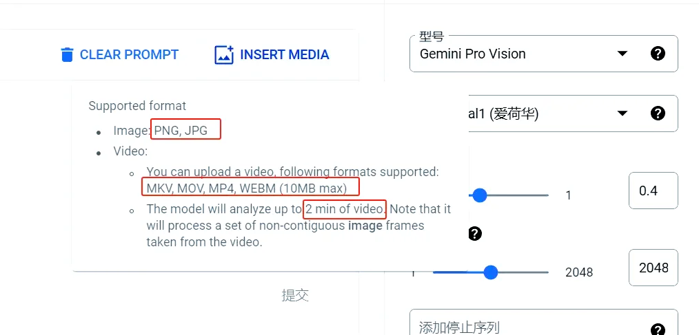 AI platform interface showing supported image and video upload formats with file size limits