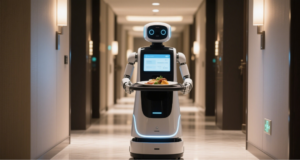 Autonomous hotel robot delivering food tray in a hallway