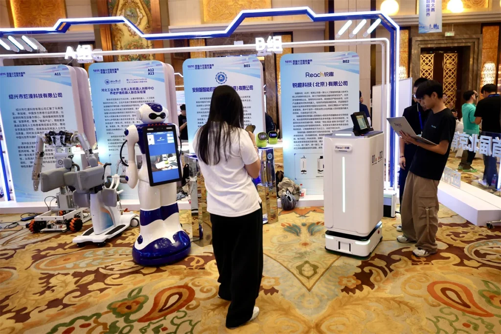 AI and robotics exhibition booth showcasing service robots and intelligent automation systems