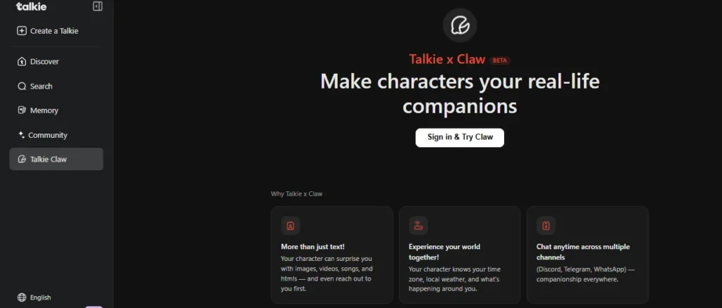 Talkie Claw interface showing AI companions with multimodal chat features across platforms like Discord and WhatsApp