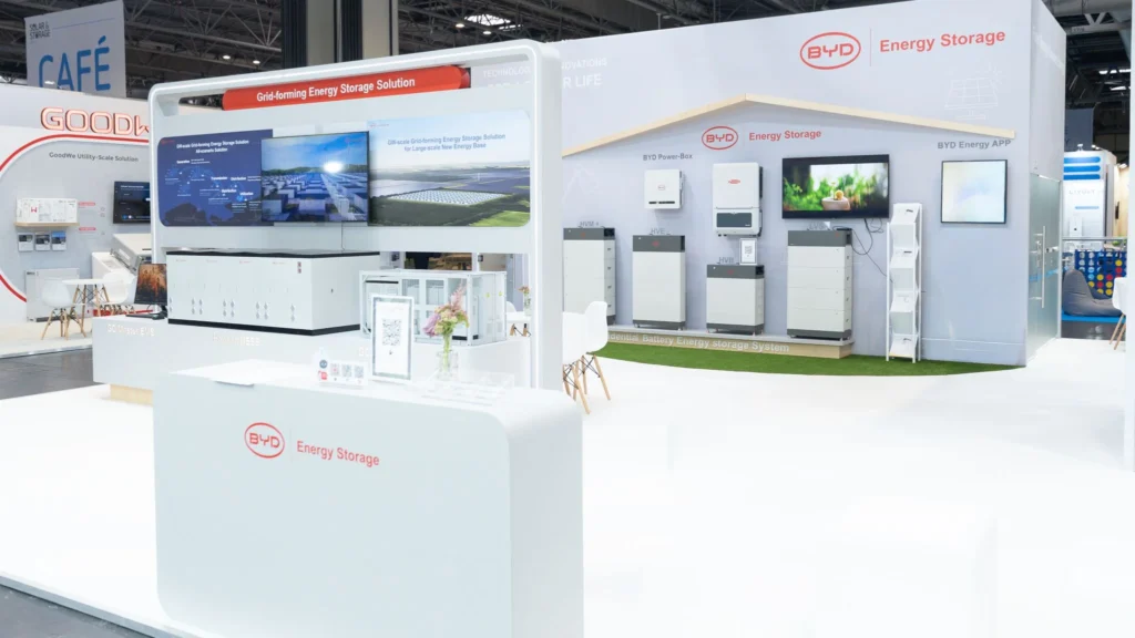 BYD Energy Storage exhibition area showcasing residential battery systems and grid-forming storage technology.