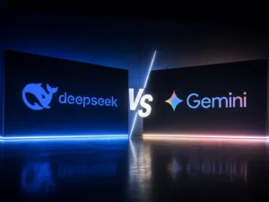 DeepSeek vs Gemini comparison visual showing two AI platforms facing off