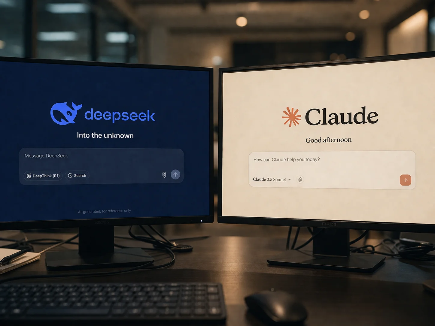 DeepSeek and Claude interfaces displayed side by side on dual monitors in a modern workspace