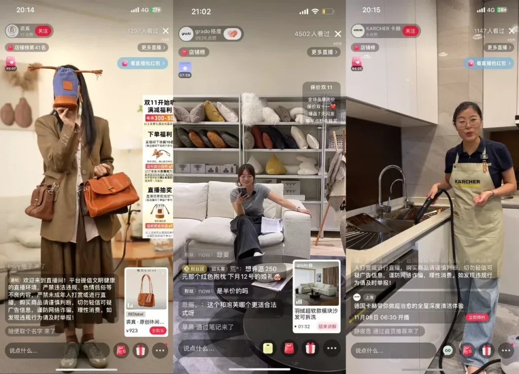 Split-screen examples of Chinese livestream shopping featuring fashion accessories, home products, and cleaning appliances.
