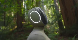 Close-up view of the NEO humanoid robot head and illuminated circular interface in a forest setting