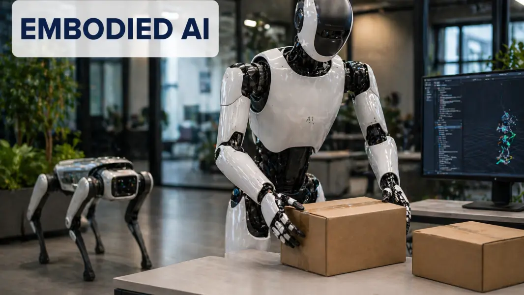 Embodied AI robot performing warehouse and logistics tasks.