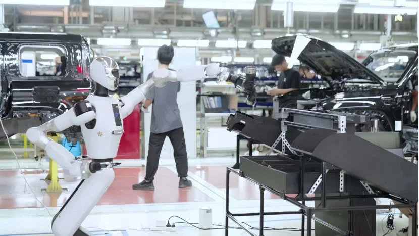 Galbot humanoid robot supporting industrial manufacturing operations.