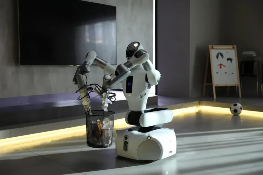 Galbot service robot performing household cleaning tasks.