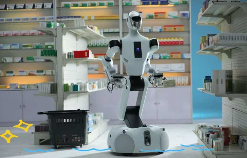 Galbot humanoid robot handling pharmacy inventory tasks.