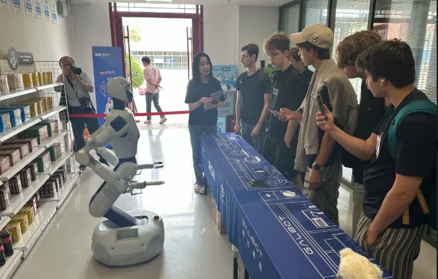 Galbot humanoid robot presented in a commercial retail setting.