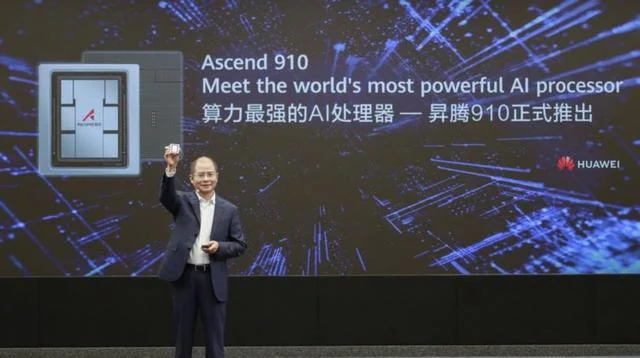 Huawei executive presenting Ascend 910 AI processor on stage during product launch event