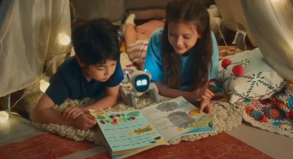 Children use a Loona AI robot during story time.